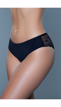 Side view of black mid-rise brief panties with delicate lace design in the back.