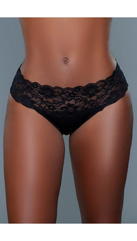 Black mid-rise bikini panty with wide floral lace waist.