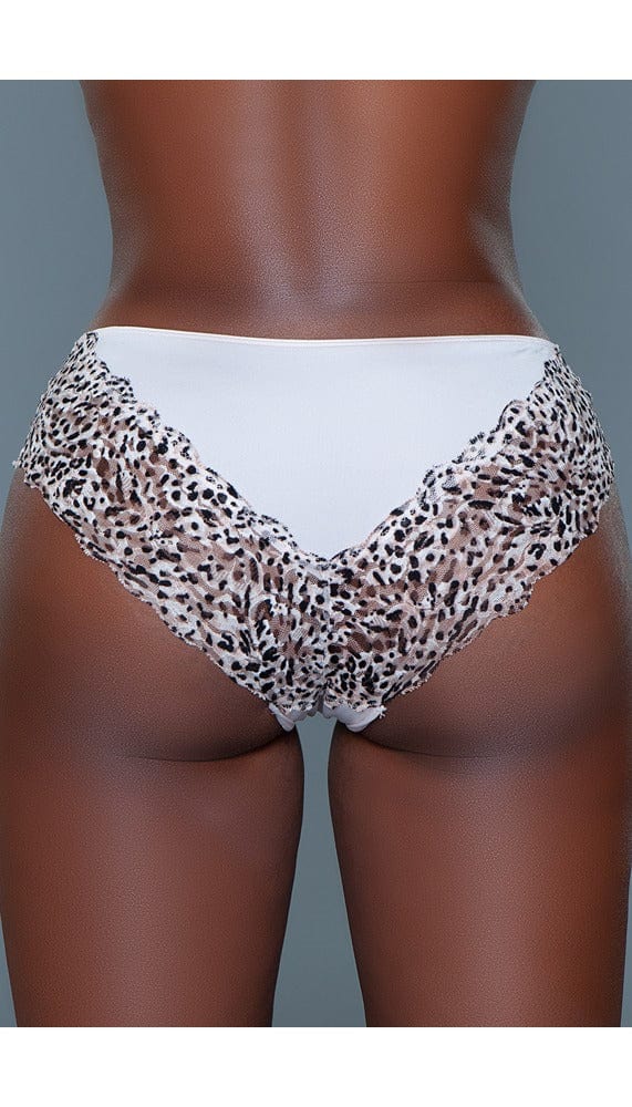 Back view of white mid-rise bikini panty with wide animal print lace waist.