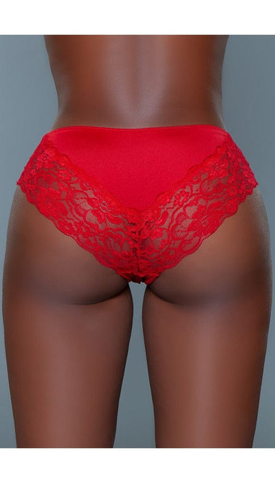 Back view of red mid-rise bikini panty with wide floral lace waist and hem.