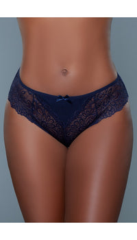 Navy blue high-rise briefs with a bow detail at the waist and a lace floral design.
