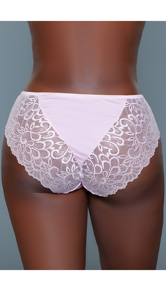 Back view of pink high-rise briefs with a lace floral design and a triangle of  solid colored fabric coming down from the waist.