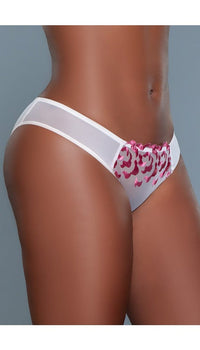 Close up of white panty side with pink floral embroidery.