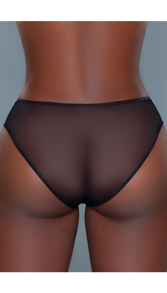 Close up view of back of black panty.