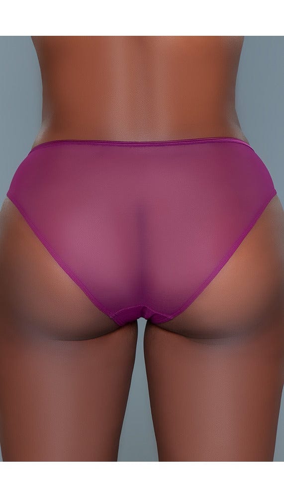 Close up back view of purple low-rise bikini panty.