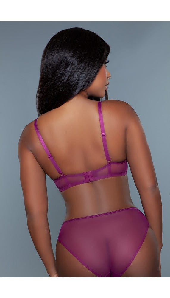 Close up back view of purple bra and panty set.
