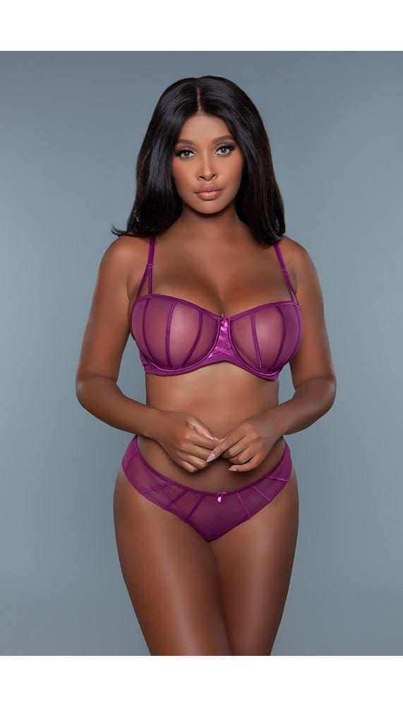 Purple bra and panty set with low-rise bikini panty.