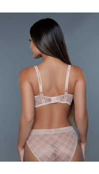 Back view of nude bra with hook and eye closure.