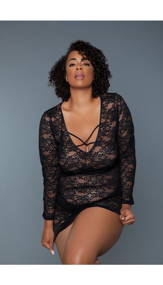Black sheer lace chemise with v-neck.