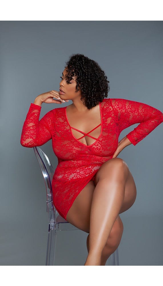 Red sheer lace chemise with criss cross straps at chest.