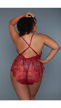Back view of sheer lace teddy with criss cross straps.