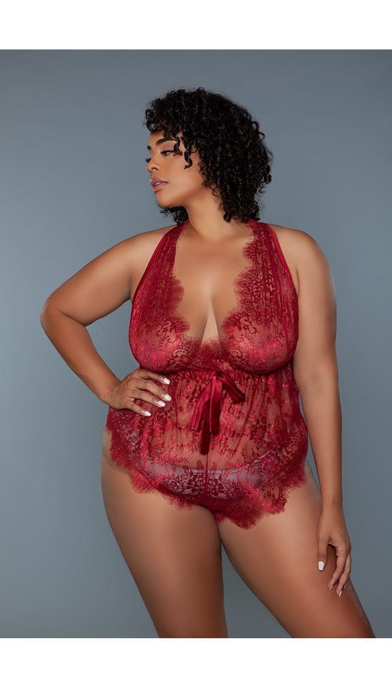 Red sheer lace v-neck teddy.
