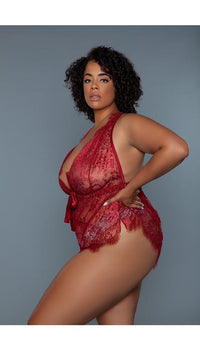 Side view of red sheer lace teddy.