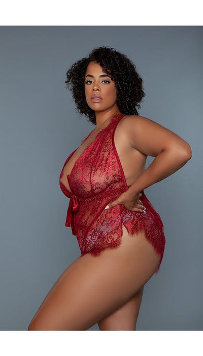 Side view of red sheer lace teddy.