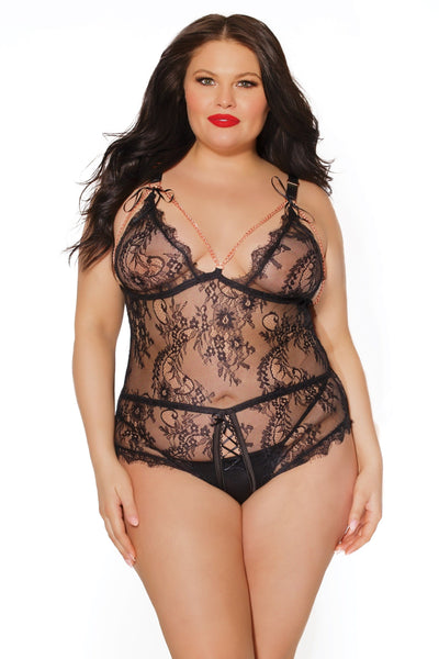 Image of the model wearing the teddy. Size OS/XL.