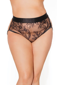 Close-up image of the panty on the model. Size Queen.
