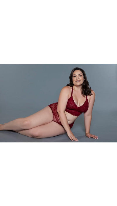 Red lace cami set with a wire free floral lace and mesh bralette top.