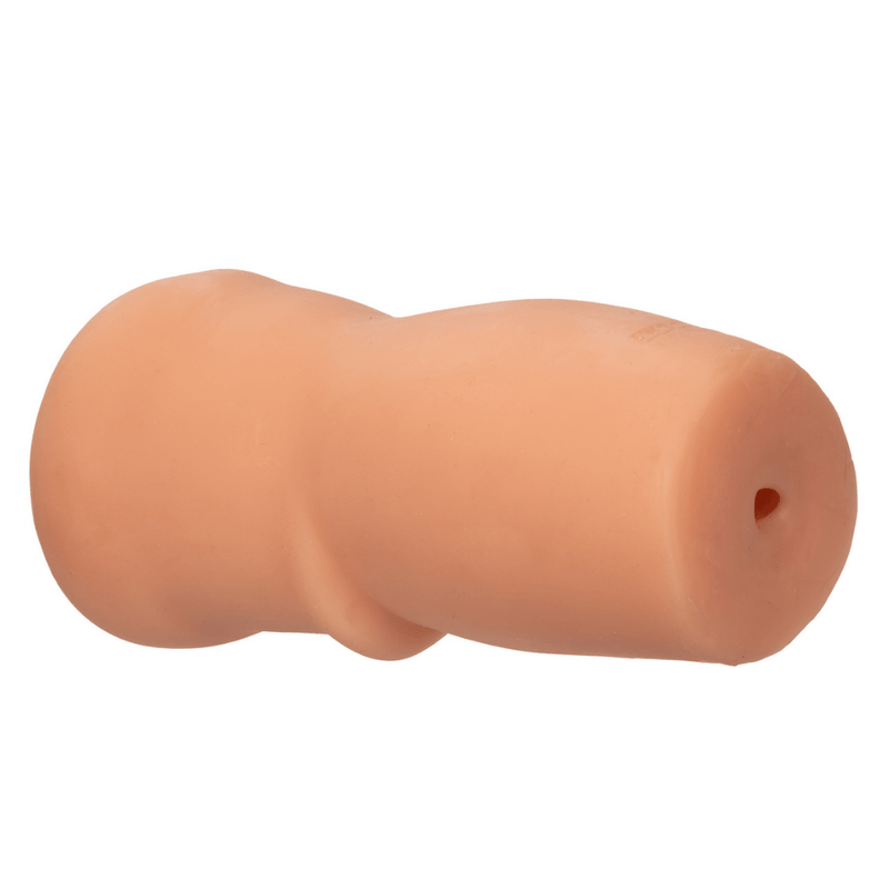 Image of the masurbator from the side, showing the back of the toy (open-ended)