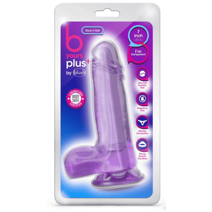 Image of the product packaging of the purple dildo.