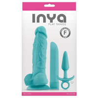 Image of the packaging for the Inya Play Things Kit. Text reads Inya Play Things, Firm silicone VRT, NS novelties, Silicone/ABS.