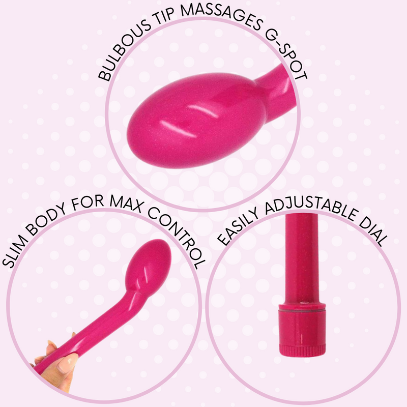 G-spot vibrator with a bulbous tip, slim body, and easily adjustable speed dial.