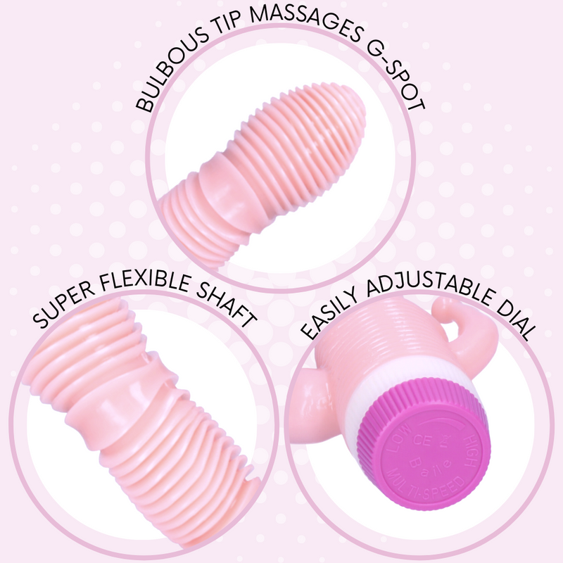 G-Spot massaging tip, flexible shaft, easy adjust dial!