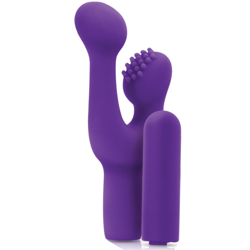 Image of the purple stimulator. Enhance your next solo session as you stimulate your clit and G-spot for blended orgasms! Or, use with a partner during foreplay to stimulate their erogenous zones! Check out this 2-in-1 vibe today!