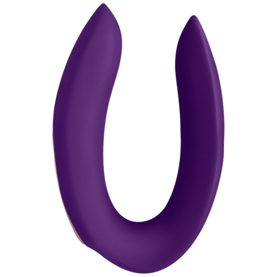 Image of the side of the vibrator. Spice things up in the bedroom with your partner when you try this powerful couples vibe! Stimulates both partners at once! Made of super soft silicone that is gentle on your skin and is rechargeable!