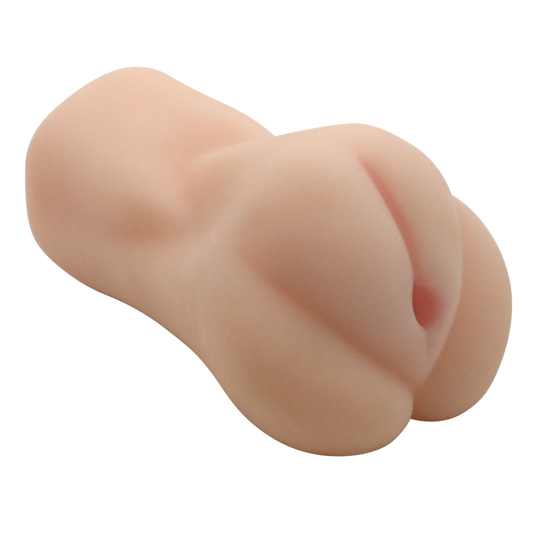 Image of the side of the masturbator. This toy is easy to grip and is super soft and stretchy! Perfect for masturbation or even foreplay with your partner to spice things up! Try this realistic pussy massager out today!