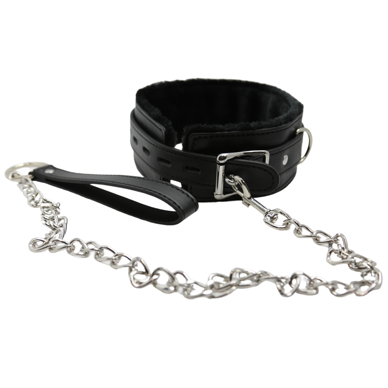 Photo of leash and collar bondage set! Perfect for those who are new at bondage play or experienced users who want to spice things up! This faux leather collar has an adjustable buckle and fuzzy interior that is soft around your neck. The leash has a metal clasp to easily take on and off. Seduce your lover in this collar tonigh!