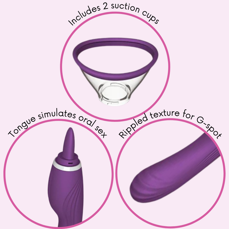 The vibe includes 2 suction cups. The vibrating and flickering tongue simulates oral sex and the rippled texture on the other end massages the G-spot.