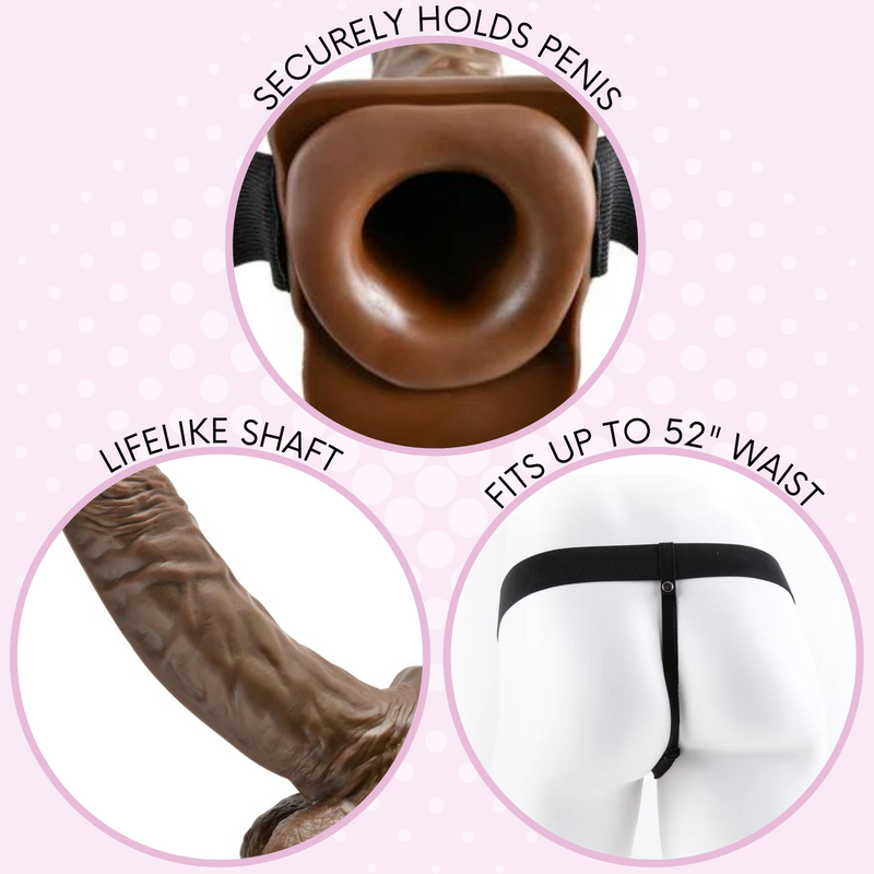 Securely holds penis, lifelike shaft, fits up to 52 inch waist