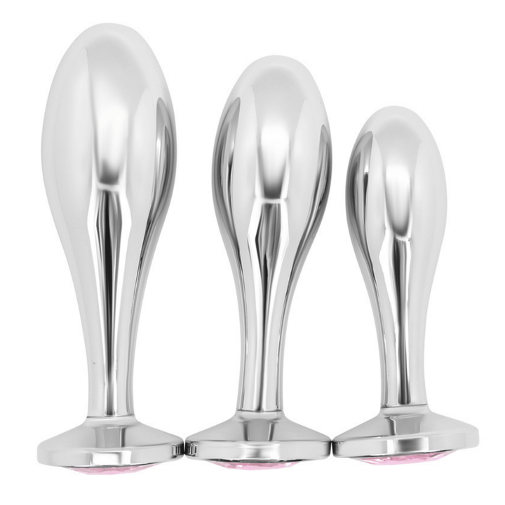 Image of metal butt plug in all three available sizes - small, medium, and large