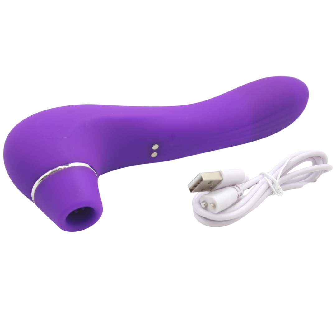 Image of the clit sucker laying down next to the charging cable. You never have to worry about batteries with this rechargeable toy! Enhance your solo play or spice up foreplay with your partner with this powerful clit stimulator tonight!