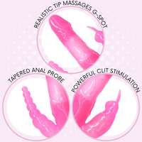 realistic tip massages g-spot. tapered anal probe. powerful clit stimulation. each part of the stimulator is shown individually in circles.
