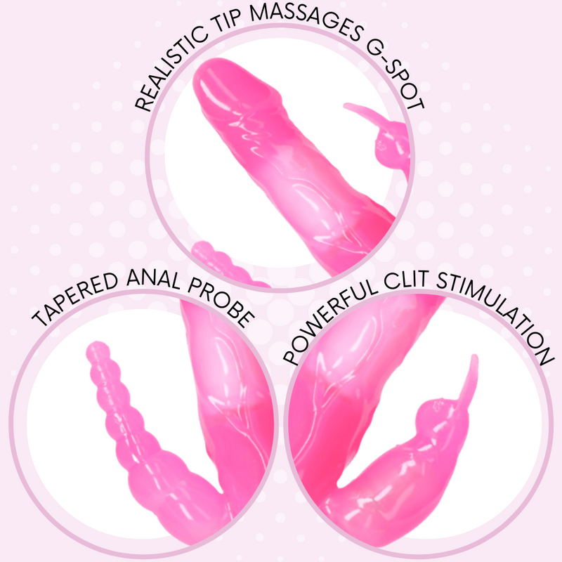realistic tip massages g-spot. tapered anal probe. powerful clit stimulation. each part of the stimulator is shown individually in circles.