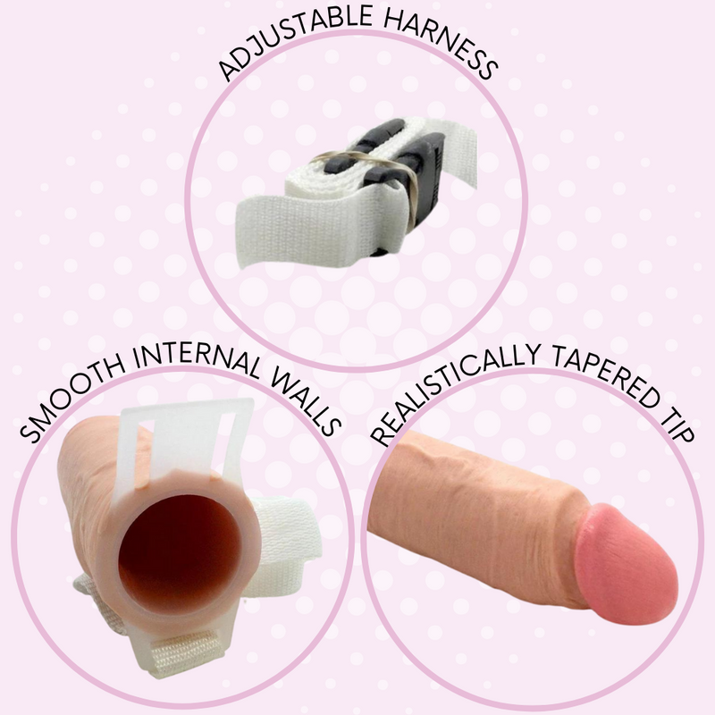 Hollow penis extension with an adjustable harness, smooth internal walls, and a realistically tapered tip.