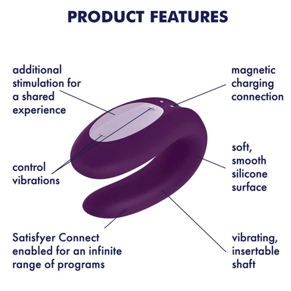 Product features of the double joy partner vibrator. Additional stimulation for a shared experience, control vibrations, Satisfyer Connect enabled for an infinite range of programs, magnetic charging connection, soft, smooth silicone surface, vibrating, insertable shaft.