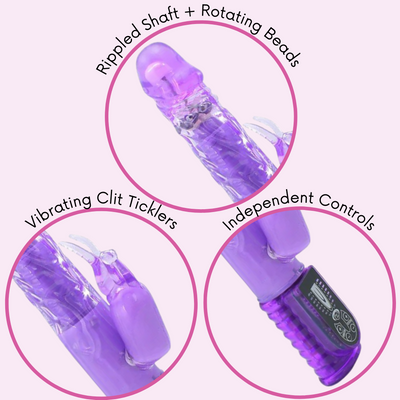 Rabbit has a rippled shaft, rotating beads, vibrating clit ticklers, and independent controls.