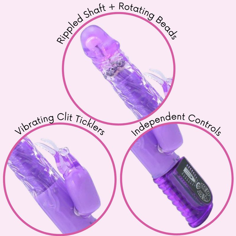 Rabbit has a rippled shaft, rotating beads, vibrating clit ticklers, and independent controls.