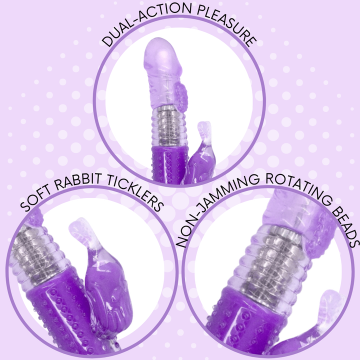 Dual-action pleasure, soft rabbit ticklers, & non-jamming rotating beads.