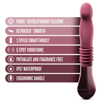 Image reads "Puria Revolutionary Silicone, Ultrasilk Smooth, 3 Speed SmartThrust, G-Spot Vibrations, Phthalate and Fragrance Free, IPX7 Waterproof, Ergonomic Handle"