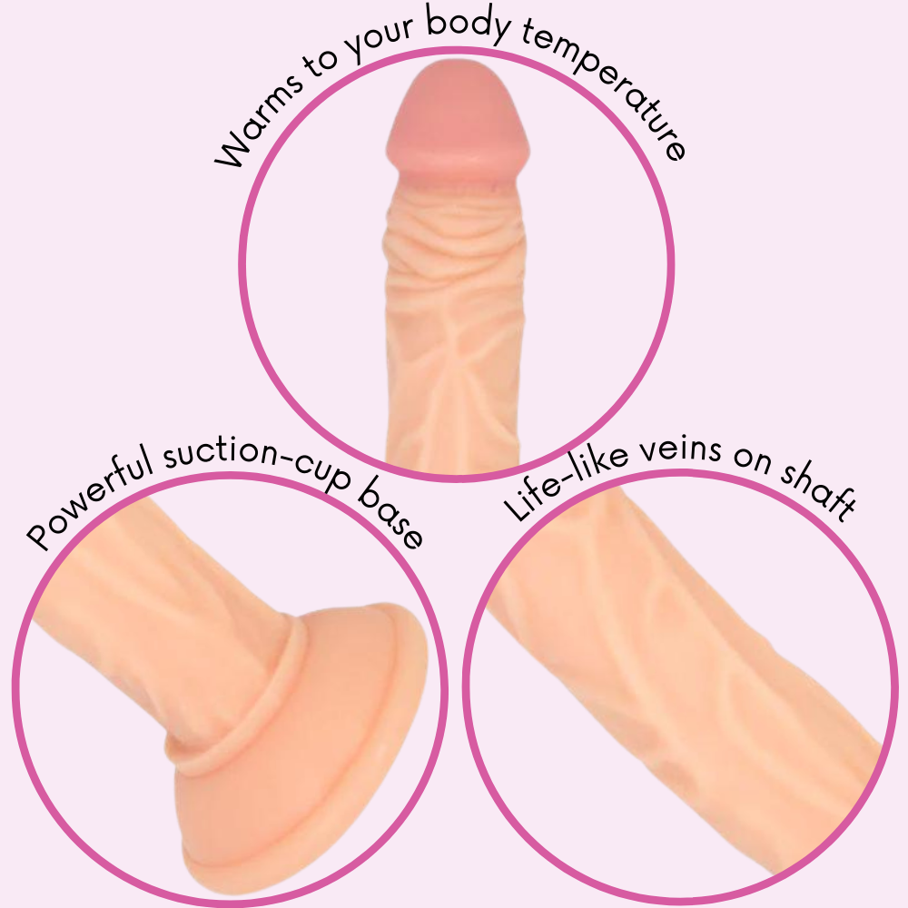 Dildo warms to your body temperature, has a powerful suction-cup base, and has lifelike veins on the shaft.