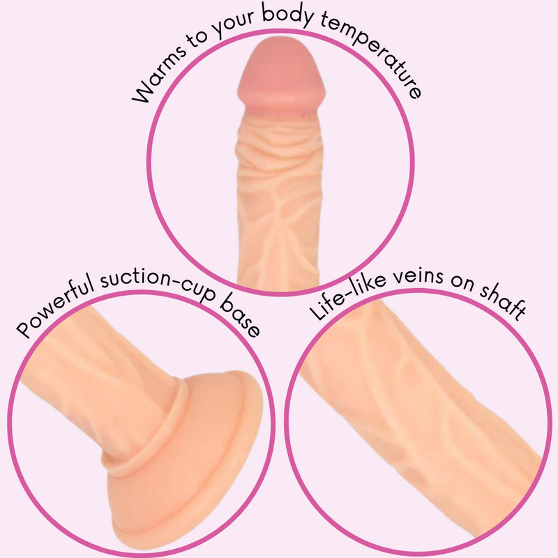 Dildo warms to your body temperature, has a powerful suction-cup base, and has lifelike veins on the shaft.