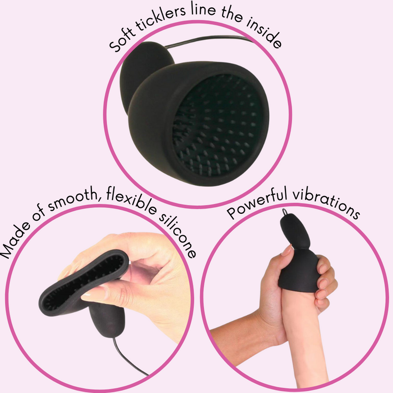 Penis tip massager has soft ticklers on the inside of the sleeve, is made of smooth, flexible silicone, and has powerful vibrations.
