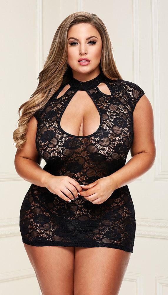 Elegant Lace Keyhole Mini Dress - Lingerie