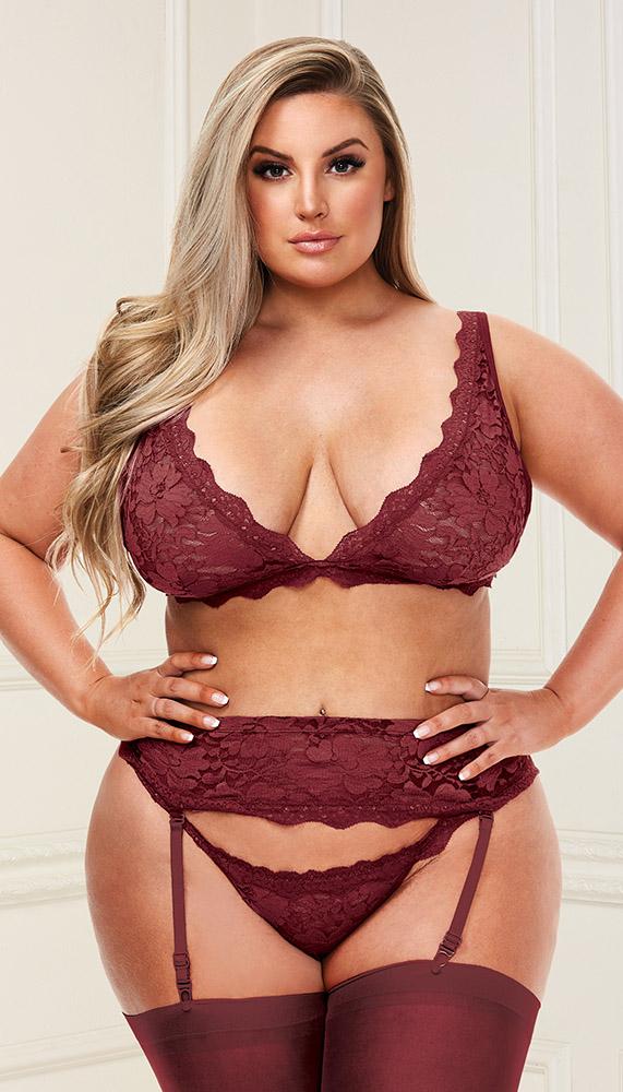Flirty Lace Bralette, Lace Garter Skirt & Matching G-String Set - Lingerie