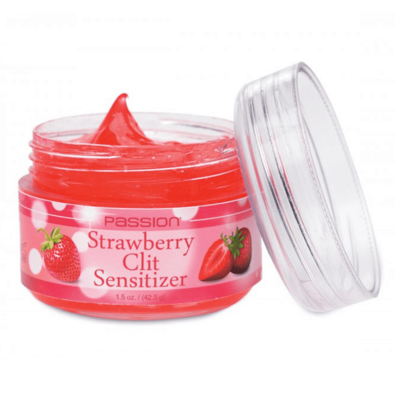 Image of the strawberry flavored clit sensitizer opened, with the lid leaning up against the jar.
