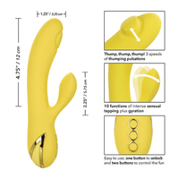 Image showing the product features. Shows measurements with an insertable length of 4.75 inches and a total diameter of 1.25 inches. Shows the clitoral stimulator measuring at a length of 2.25 inches. Graphic also reads: Thump thump thump! 3 speeds of thumping pulsations. 10 functions of intense sensual tapping plus gyration. Easy to use; one button to unlock the two buttons to control the fun.