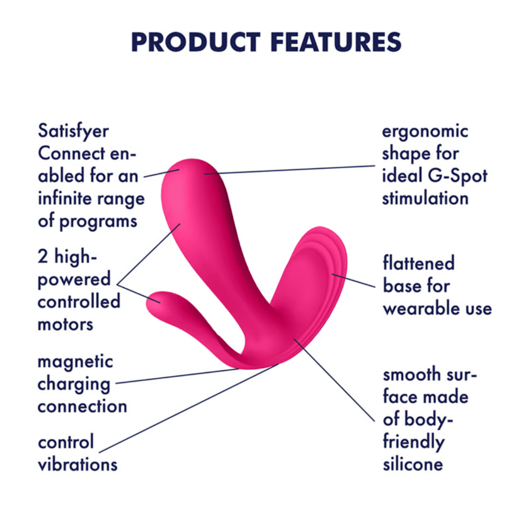 Product features. Satisfyer connect enabled for an infinite range of programs, 2 high-powered controlled motors, magnetic charging connection, control vibrations, ergonomic shape for ideal G-spot stimulation, flattened base for wearable use, smooth surface made of body-friendly silicone
